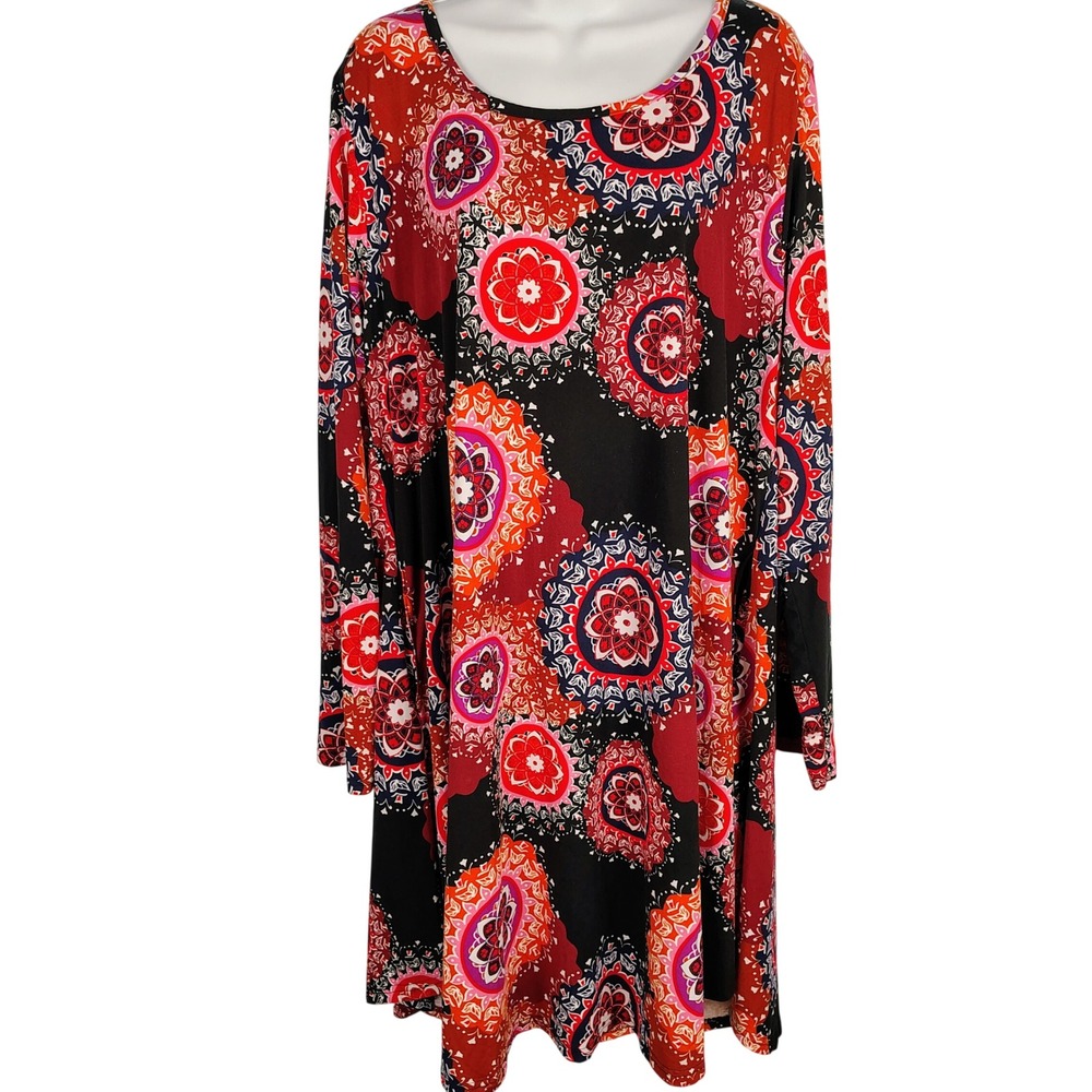 JollieLovin Womens 2X Mandala Floral Print Long Sleeve Swing Tunic Dress